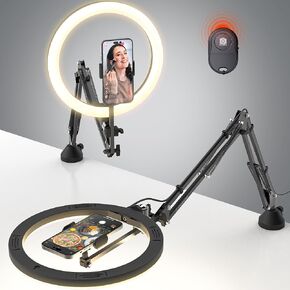 Upgrade Ring Light Overhead Phone Mount, 12"Circle LED Desk Ring Light with Clamp for Video Recording,Flexible Articulating Phone Arm Stand Compatible with iPhone,Live Streaming YouTube Tiktok