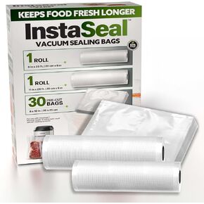 InstaSeal Vacuum Sealer Bags for Food, 1 Roll 8" x 20 Ft + 1 Roll 11" x 20 Ft + 30 Pre Cut Vacuum Seal Bags for Food, Works with MOST Vacuum Sealer Machines, Helps Keep Food Fresher Longer