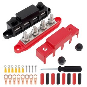 12V 300A M10 (3/8) Negative & Positive Automotive Copper Battery Bus Bar Terminal Block with Cover, Red & Black Terminal Power Distribution Block with Ring Terminals
