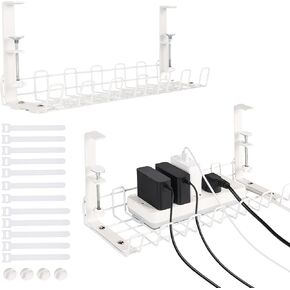 SANYU Desk Cable Management Tray 2 Pack with 12 Cable Ties & 4 Cable Holder - Upgraded White Metal Desk Organizer with Padded Clamps for Protection for Home Office Fits Most Tables - No Drilling