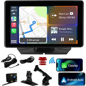 Apple Carplay Screen for Car, 7" HD Wireless Portable Touchscreen Car Stereo Android Auto with Voice Control, Backup Camera, Mirror Link, Bluetooth, GPS Navigation