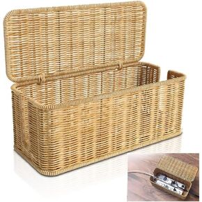 Handmade Rattan Cable Management Box – Cord Organizer with 2 Open Slots, Under Desk Cord Hider for Wires, USB Hub, Power Strip - Desk Accessories – Perfect for Office and Home