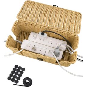 Cable Management Box, Rattan Cord Organizer Box with Lid and Buckle, 4 Open Slots Cord Hider Box for TV Wires USB Hub Power Strip to Hide Home Office Desk Accessories