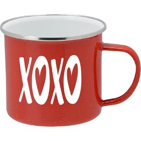 Valentines Day Gift and Home Decor - XOXO Enamel Camping Coffee Mug, 15 Ounce Tin Cup (Red)