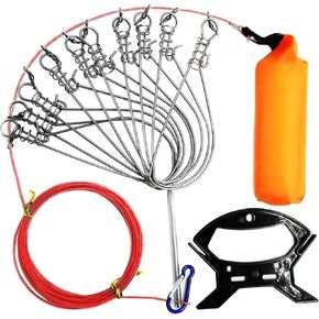 Fishing Stringer Live Fish Lock, Stainless Steel Fish Stringer Clip, Big Fish Wire Rope Cable with Float and Plastic Handle, Fishing Holder Kit with High Strength 10 Snaps/Buckles