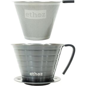 Ethoz® Pour Over Coffee Maker – Sustainable Stainless Steel Pour Over with Built-In Reusable Filter, Flat/Convex Bottom for Even Extraction, Eco-Friendly Design, Precision Anywhere Brewing
