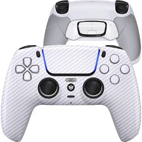 HEXGAMING ULTIMATE Wireless Controller Compatible with ps5-4 Remap Back Buttons - Hair Triggers - Interchangeable Thumbsticks - White Silver Carbon Fiber Pattern