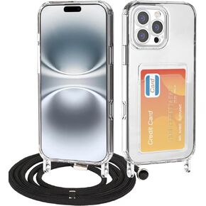 for iPhone 16 Pro Clear Lanyard Case with Detachable Adjustable Crossbody Strap-Hybrid Shockproof Protective Slim Fit Transparent Wallet Cover with Card Holder Slot, Anti-Yellowing (iPhone 16 Pro)