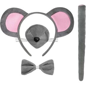 Tihebax 4Pcs Mouse Costume Accessory Set Rat Costume for Kids Mouse Ears Headband for Boys Girls Gus Costume Rat Ears Headband Tail Nose and Bow Tie Costume Halloween Mouse Ears Headbands for Women