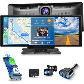 Wireless Carplay/Android Auto Portable Car Radio with 9.3" HD Touchscreen Dash Cam, Front/Rear View Camera Stereo Receiver Bluetooth FM Transmitter AUX TF Card