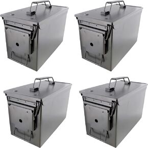 Ammo Storage Box 4 Pack - Black .50 Caliber Ammunition Flip Top Lockable Storage Box - Waterproof Metal Military Ammo Can Container - Airtight Latching Dry Bullet Case Steel Field Box