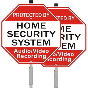 2 Pack Protected By Home Security System Signs, with 36" Metal Stakes, 12" x 12", Audio/VideoRecording Warning Sign - Rust Free Aluminum Sign, Includes Matching Screws & Wrench