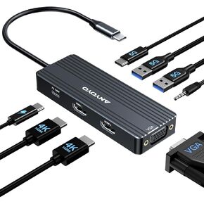 anyoyo USB C station ، 8 في 1 في محطة الإرساء ، مراقبة Dual Station ، مراقبة محطة الإرساء 3 مع نقل بيانات HDMI و VGA المزدوج ، 5 جيجابت في الثانية ، Dock الكمبيوتر المحمول لـ MacBook Air/Pro ، Dell XPs ، HP ، Lenovo （Black）））