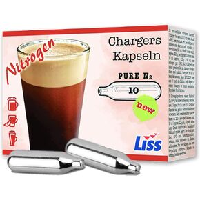 Liss Pure Nitrogen Cartridges for Nitro Cold Brew Coffee - N2 Cartridge 10-Pack – For Use with Nitro Cold Brew Coffee Dispenser - Nitro Chargers for NCB Coffee, Cocktails, Tea - 2 gram Cartridges