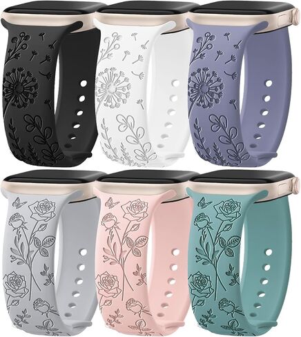 6 Pack Floral Engraved Silicone Bands Compatible for Apple Watch Band 38mm 40mm 41mm 42mm 44mm 45mm 46mm 49mm Women,Flower Sport Straps for iWatch Series 10 9 8 se Ultra 7 6 5 4 3 2 in Saudi Arabia