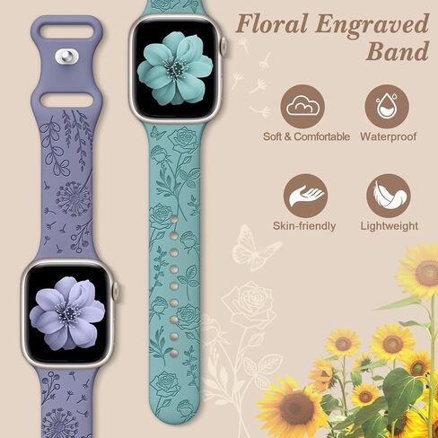 6 Pack Floral Engraved Silicone Bands Compatible for Apple Watch Band 38mm 40mm 41mm 42mm 44mm 45mm 46mm 49mm Women,Flower Sport Straps for iWatch Series 10 9 8 se Ultra 7 6 5 4 3 2 in Saudi Arabia