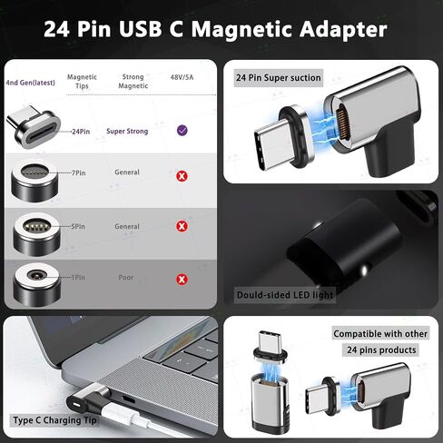 نصيحة من النوع المغناطيسي من النوع المغناطيسي 24 ، PD 240W USB C Magnetic USB CARTING TIPS HEAD مع نقل بيانات 40 جيجابت في الثانية ، متوافق مع MacBook Pro Air و USB-C المحمول والكمبيوتر الشخصي والكمبيوتر المحمول in Saudi Arabia