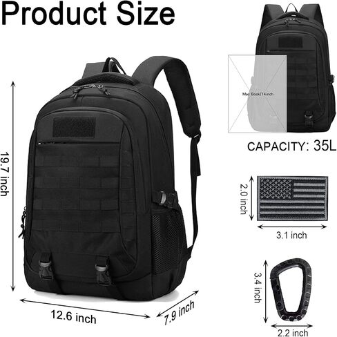 Tactical Backpack, 35L Military Backpacks Hiking Daypack for Men and Women Water-Resistant 3 Day Assault Bag Molle Army Pack with US Flag Patch and Carabiner (Black) in Saudi Arabia