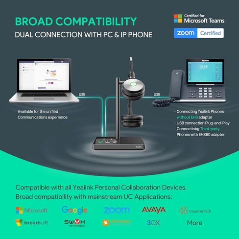 Yealink WH62 Wireless DECT Headset Teams Zoom UC Certified, Work for PC Computer Laptop Mac, Office Desk Phone Softphones VoIP Telephones (WH62 for 3rd-Party Phone) in Kuwait