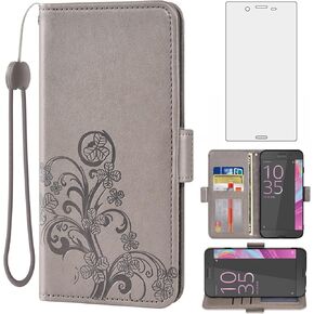Asuwish Compatible with Sony Xperia X Performance Wallet Case and Tempered Glass Screen Protector Flip Purse Accessories Wrist Strap Card Holder Cell Phone Cover for Experia F8131 F8132 Women Men Grey