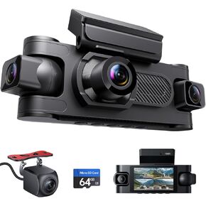4 Channel Dash Cam Front and Rear Inside Left Right, Dash Camera for Cars,Car Camera with 3" IPS Screen,Night Vision,Included 64GB Card,Support Optional GPS, 24/7 Recording Parking Mode