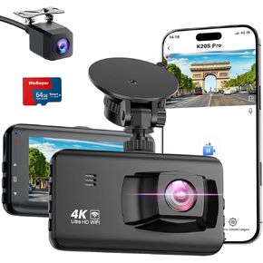 Dash Cam Front and Rear,4K Dual Dashcam with 64GB Card,4K+1080P WiFi Dash Camera for Car,2 Channel Dashboard Camera,3" IPS Screen,App Control,Time Lapse,Night Vision,Type C Interface,Support 256GB Max