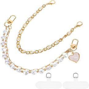 2 PCS Cell Phone Wrist Lanyard, Double Beaded Phone Strap with 2 Clear Phone Clip, Pearl Beaded Phone Wrist Straps Anti Lost, Detachable Cellphone Lanyard with Tether Tab for Women, Gold White