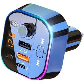 Bluetooth Adapter for Car, Wireless Bluetooth FM Transmitter Radio Receiver, MP3 Music Player, QC 22.5W and Type-C PD USB Charger with Accent Tone Player 7-Color LED Backlighting