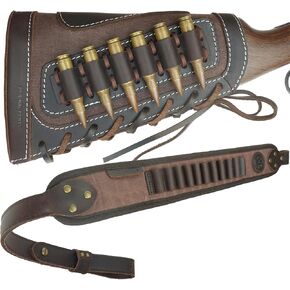 Leather Rifle Buttstock Pouch Ammo Holder and Rifle Sling Shell Holder Cartridge for .308 .30-06, .45-70, 44Mag Henry 7MM