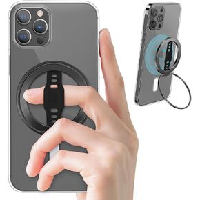 EWA MagOne (Upgrade) Compatible with MagSafe Phone Grip Stand with Silicone Finger Strap, Removable Magnetic Ring Holder Kickstand Loop, Only for iPhone 15, 14, 13 Pro/Max/Plus-（Black）