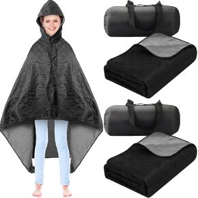 Tranqun 2 Pcs Waterproof Blanket 78 x 55 Inch Fleece Camping Blanket Sport Stadium Blankets with Removable Hood Portable Cold Weather Windproof Blanket for Travel, Picnic, Beach