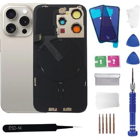 15 Pro Max Back Glass Replacement with Wireless Charging Flex Cable and Camera Frame All Parts for iPhone 15 Pro Max(6.7Inch,Natural Titanium) Replacement of Equipment Waterproof Tape