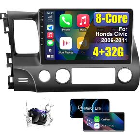 8 Core 4+32G Android Car Radio Stereo for Honda Civic 2006-2011 with Wireless CarPlay/Android Auto, 10.1'' HD Touchscreen Car Radio with AM/FM/RDS Backup Camera Bluetooth WiFi GPS SWC