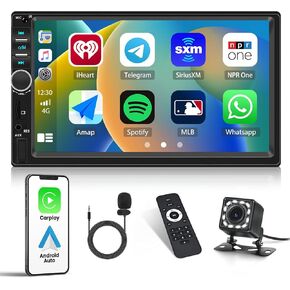 Universal Double Din Car Stereo 7 inch Touchscreen with Carplay Android Auto Mirror Link FM Receiver Multimedia Player Head Unit Bluetooth 5.1 EQ USB TF AUX+ Backup Camera & Remote & MIC