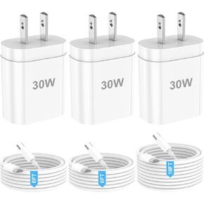 iPhone Charger Fast Charging for iPhone 16 15, 30W USB C Wall Charger Block with 6FT&10FT Long Type C Cable Cord for iPhone 16/16 Pro Max/15/15 Pro Max/15 Plus/iPad Pro 12.9/11/Samsung, 3 Pack