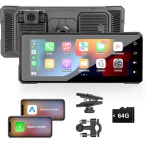 6.86 Inch Motorcycle CarPlay DVR,Wireless Apple Carplay & Android Auto,with HD 1080P Front Cameras,GPS Navigation, IPS Touch Screen,Dual Bluetooth, IP65 Waterproof, Siri & Google Voice,64GB TF Card