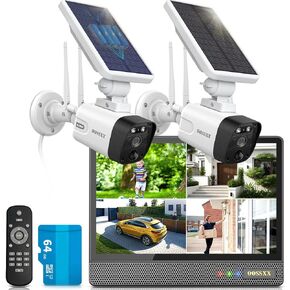 OOSSXX Solar Security Camera Wireless Outdoor System,Power 4MP Solar/Battery Powered Cameras for Home Security Systems,10" LCD Monitor & 64GB 10CH NVR,no WiFi Needed,no Subscription,Surveillance