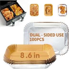 Katbite Rectangle Air Fryer Liners Disposable,8.6x5.5",Non-Stick Food-Grade Paper Inside &Reinforced Aluminum Outside,Airfryer Accessories for Dual Basket,Foodi DZ201,DZ401,DZ090-(PerformanceSeries)