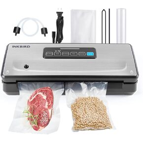 Food Vacuum Sealer Machine 10-In-1 with Bag Storage(Up to 20FT) and Cutter, INKBIRD Food Sealer Vacuum Sealer for Food with Moist/Dry/Canister 5 Food Modes, Starter Kits Bags*5 and Bag Roll*1, 85KPa