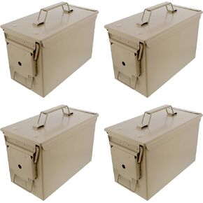 Ammo Storage Box 4 Pack - Tan .50 Caliber Ammunition Flip Top Lockable Storage Box - Waterproof Metal Military Ammo Can Container - Airtight Latching Dry Bullet Case Steel Field Box