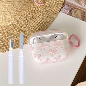 for AirPods Pro Case (with Cleaner Kit) Clear Cute Bow Pattern Fashion Design Bowknot Aesthetic Shockproof Headphone Cover Cases for Airpods Pro 2-Pink Bow