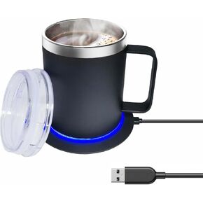 USB Coffee Tea Mug Warmer with 12oz Double-Layer Stainless Steel Insulated Cup and Lid Heating Up to 131°F - 149°F Beverage Espresso Heater Set for Desk Home Office (White)