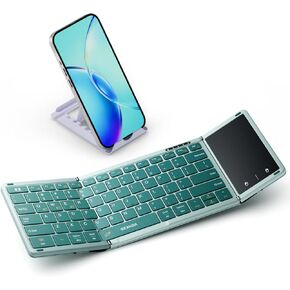 seenda Foldable Bluetooth Keyboard with Touchpad, Travel Folding Keyboard with PU Leather & Phone Holder, Small and Portable for iPad Tablet Laptop for College Students - Sage Green