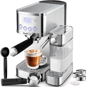 Geek Chef Espresso و Cappuccino مع حليب أوتوماتيكي مفعم بالحيوية ، آلة قهوة إسبرسو الفولاذ المقاوم للصدأ مع خزان مياه قابل للإزالة ، هدية محافظ لأمي
