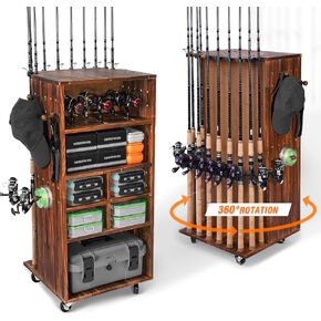 Ghosthorn Fishing Rod Holders for Garage 360 Degree Rotating Fishing Rod Rack Pole Holders Hold up to 10 Rods or Combos Tackle Storage Gear Equipment Organizer Wood Floor Stand for Men Women 4 Wheels