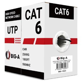 Big-A - Bulk Cat6 Cable 1000ft 23AWG Solid 4 Pair, Cat 6 Ethernet Cable Unshielded Twisted Pair (UTP), (CMR) 550MHz Internet Cable, Pull Box - Green
