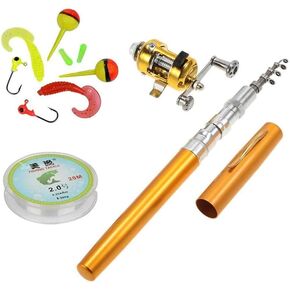 Jatzde Mini Portable Telescopic Pen Fish Rod Combo- Pocket Fishing Pole+ Aluminum Alloy Reel + Fishing Line+ Soft Lures