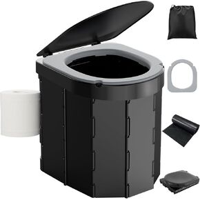 Portable Camping Toilet with PU Cushion, Folding Porta Potty for Adults with Lid and Toilet Paper Holder, Waterproof Camping Toilet with Lid for Camping, Hiking, RV Travel, Road Trips