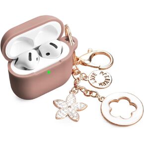 OLEBAND Case Fit for Airpods 4rd Generation with Cute Bling Keychain,Silione Cover Compatible for Apple Air pod 4 Case,LED Visible,for Women and Girls,Milk Tea