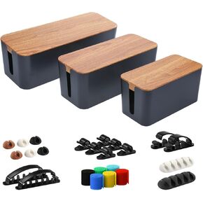 NORJIN Cable Management Box - 3 Pack Large & Medium & Small Cable Organizer Cord Organizer for Desk & Floor, Cable Box Hider with Cable Clips to Hide Wires and Power Strips, Black